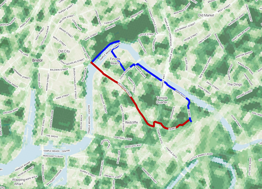 Map with Green Score rendering, illustration for the two Bristol's routes; source: Tranquil City